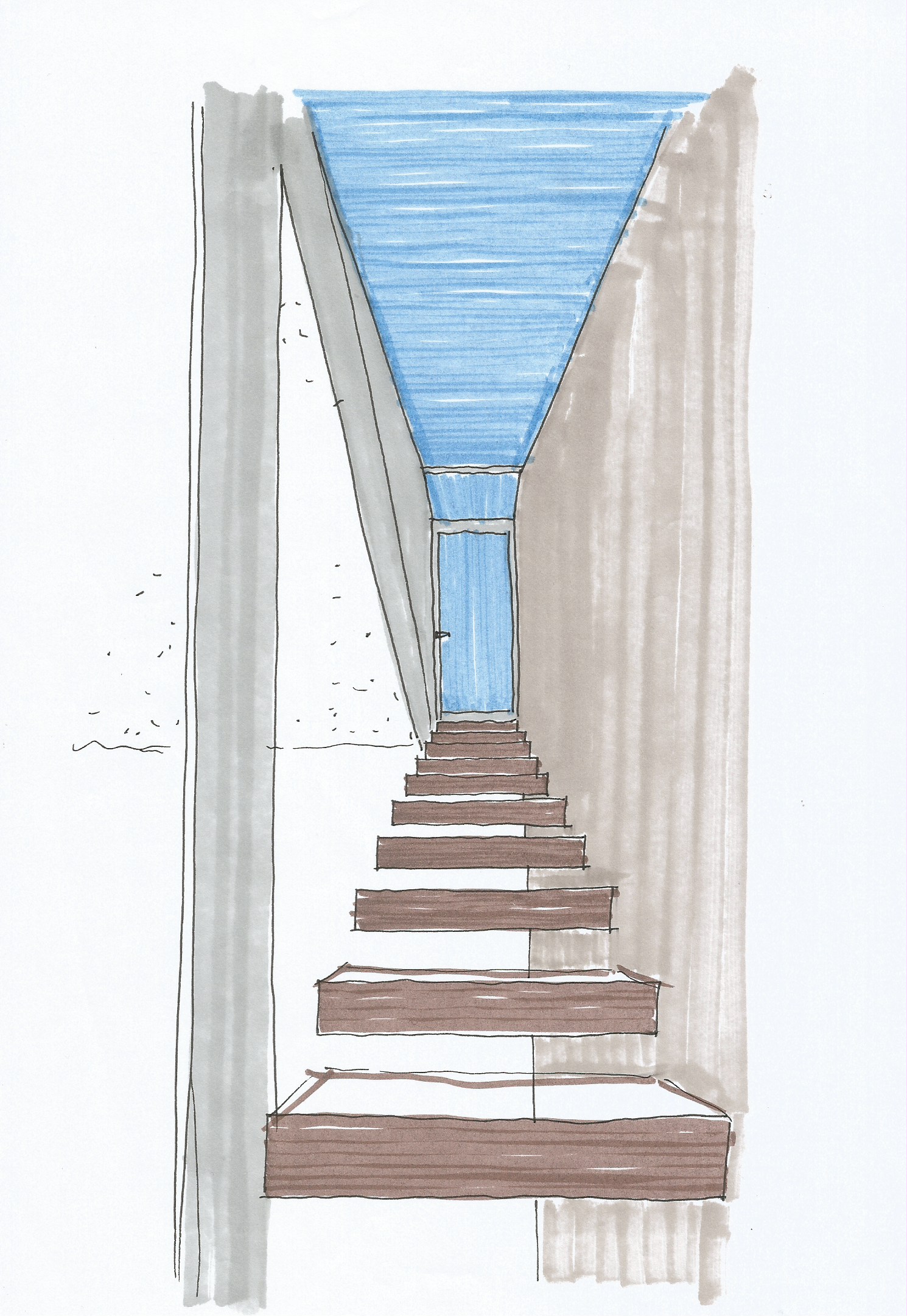 Scala a sbalzo in legno che collega il primo piano dell'abitazione al terrazzo che affaccia sulla città di Milano